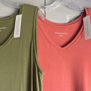 Soft Surroundings Olive Green and Coral Pink V-Neck Tank Tops